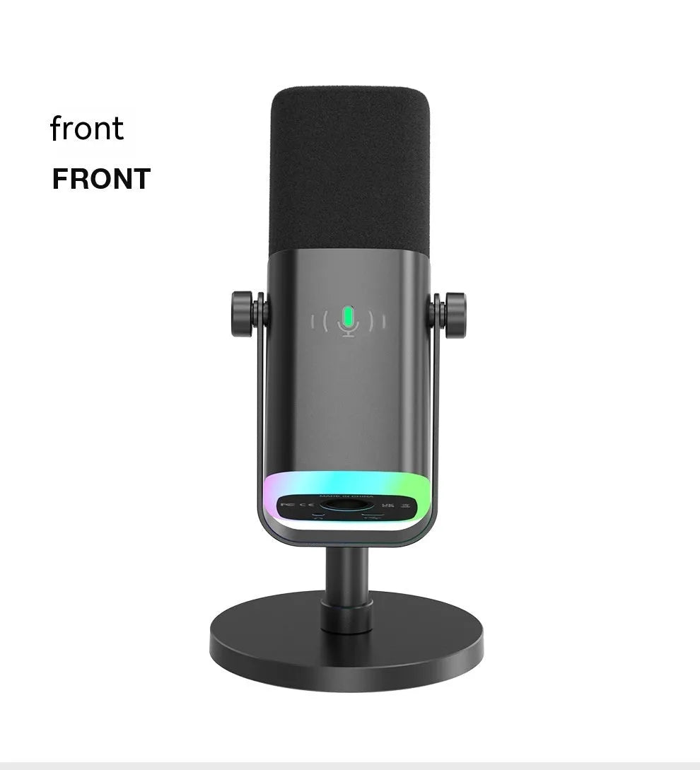 USB dynamic noise reduction microphone with XLR cable, USB cable, and base mount in black colour