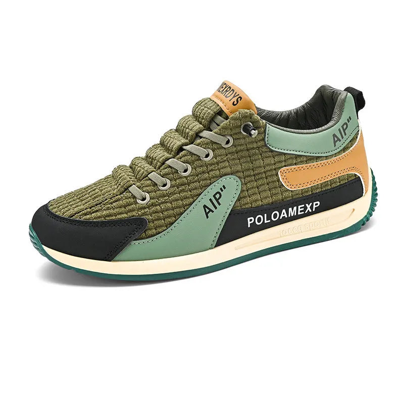 Men's low-top green and grey mesh running shoes with lace-up front.