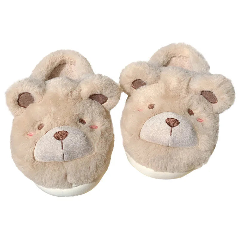 Women's cartoon patterned brown suede Baotou plush slippers with round toe.