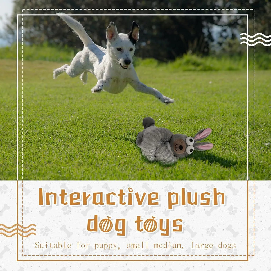 Brown, grey, and yellow plush dog toys with squeakers and crinkle paper inside.
