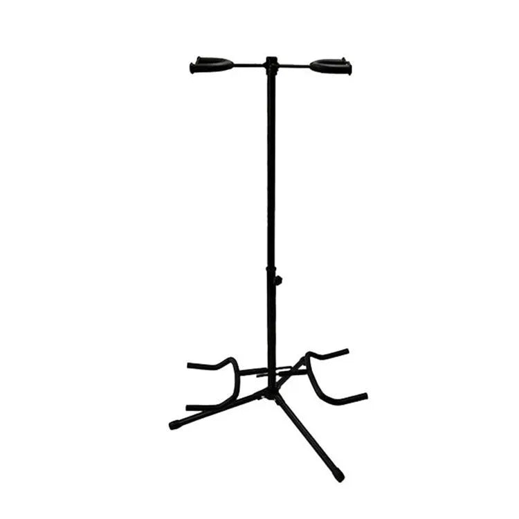 Vertical black iron guitar stand with two adjustable heads for western string instruments