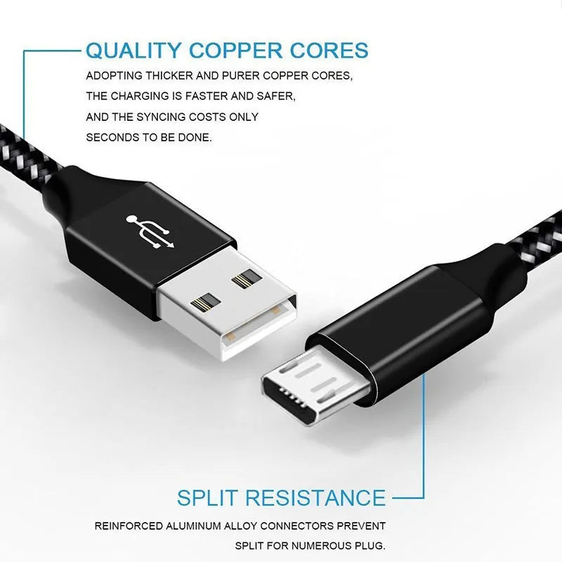 Braided Android fast charging Micro USB cable in black and white, showing length options.