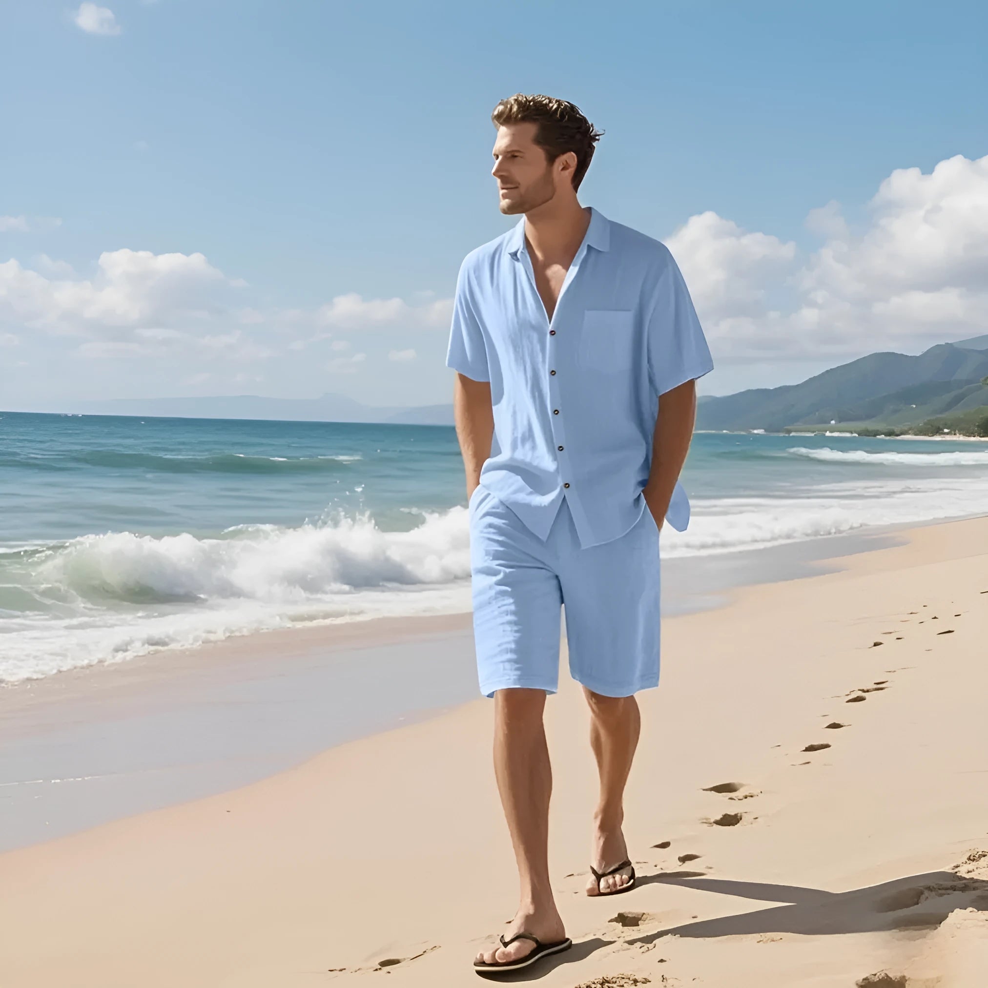Linen blend short sleeve shirt and shorts beach suit set on a hanger.