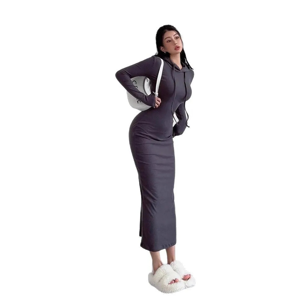 Women's grey hooded long sleeve sheath dress with high waist and over-the-knee length.