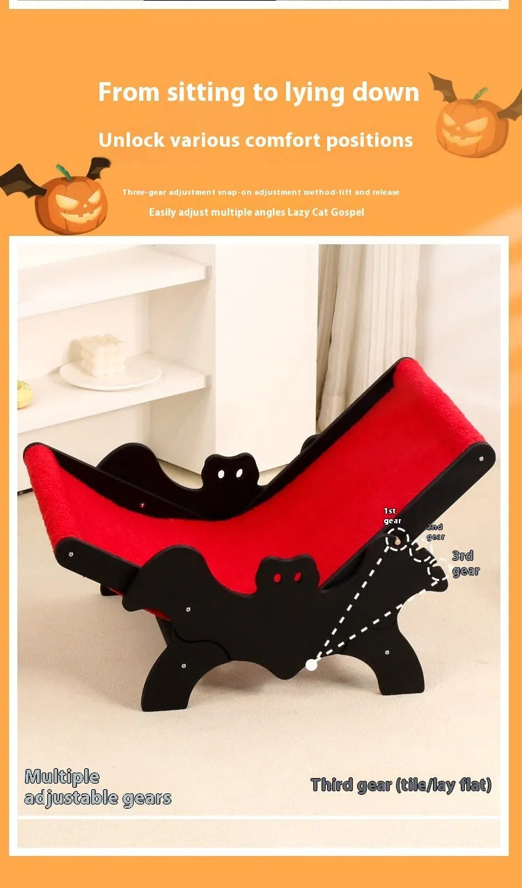 Wooden cat recliner bed with Halloween black and red design on raised platform