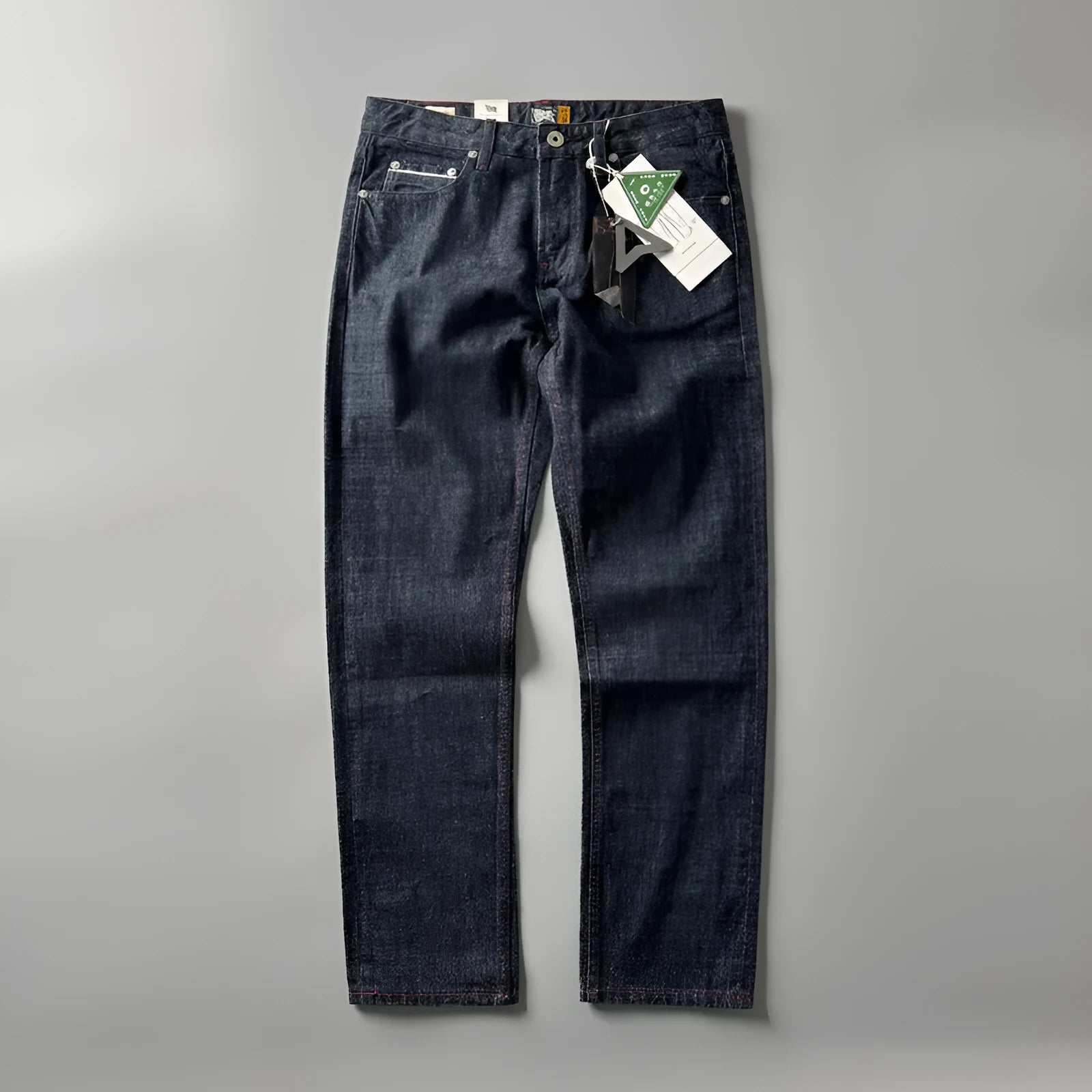 Men's straight leg denim jeans in primary colour with American retro style and mid waist fit