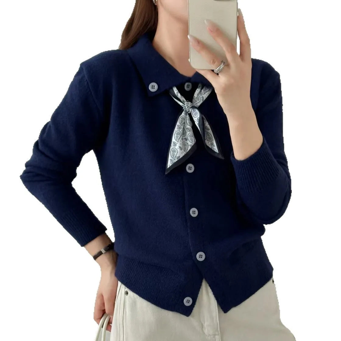 Beige lapel scarf sweater cardigan with contrasting scarf collar and long sleeves