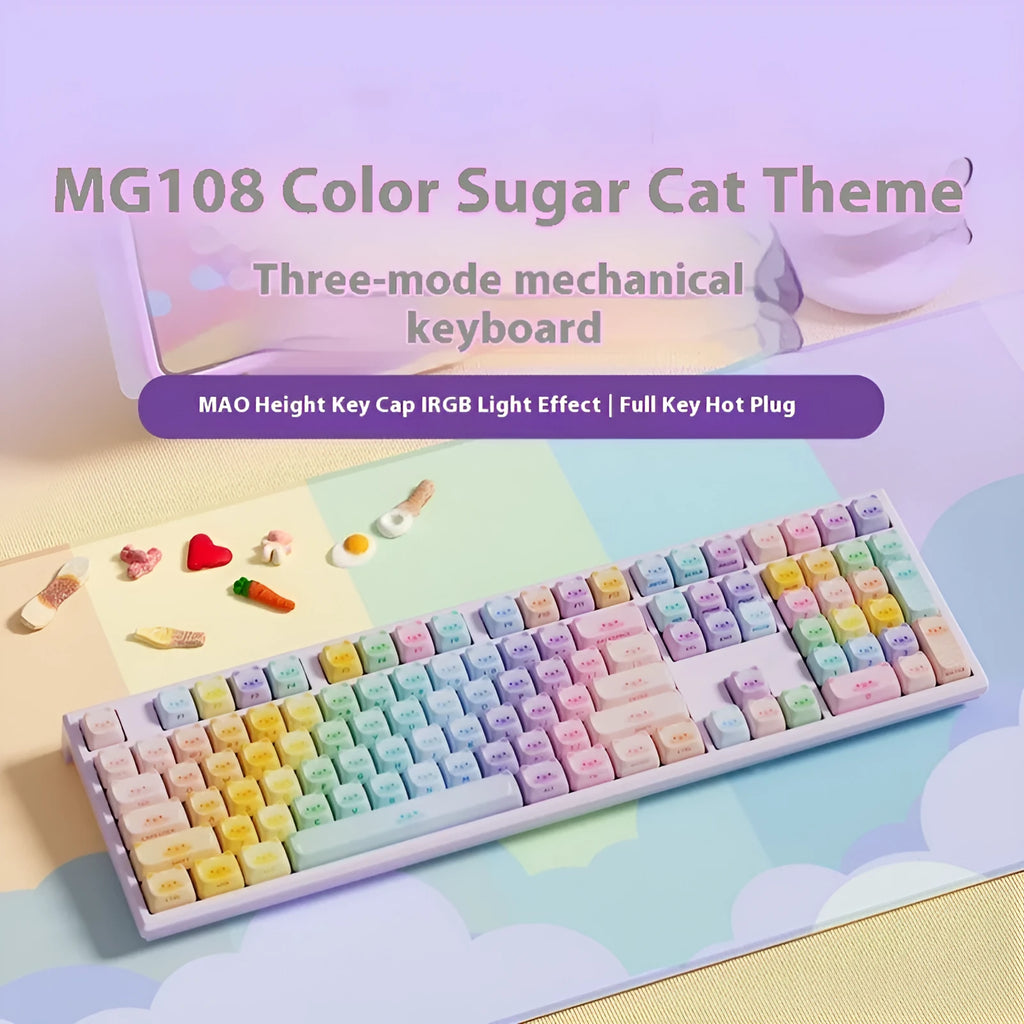 Colour Sugar Cat mechanical keyboard with Bluetooth connectivity showing MG108B Piano Shaft switches