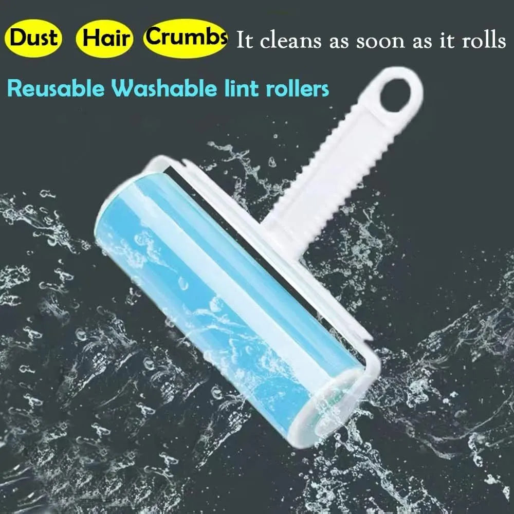 Washable reusable lint roller with cover for pet hair removal on blue background