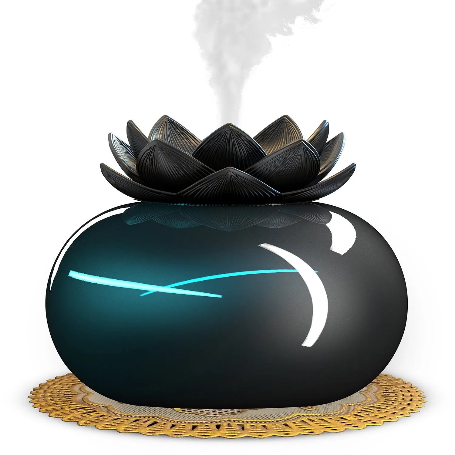Pure black lotus-shaped ultrasonic humidifier with USB cable and ceramic construction