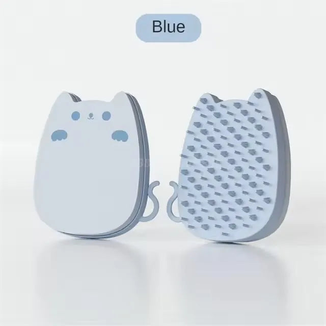 Blue silicone pet comb with dual-texture bristles for grooming cats and dogs on a white background.