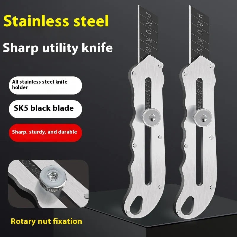 Stainless steel folding utility knife and art knife with black blade, plus spare long and trapezoidal blades.