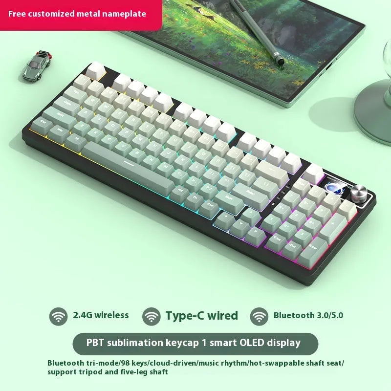 98-key wireless mechanical keyboard kit with metal control knob and optional display screen