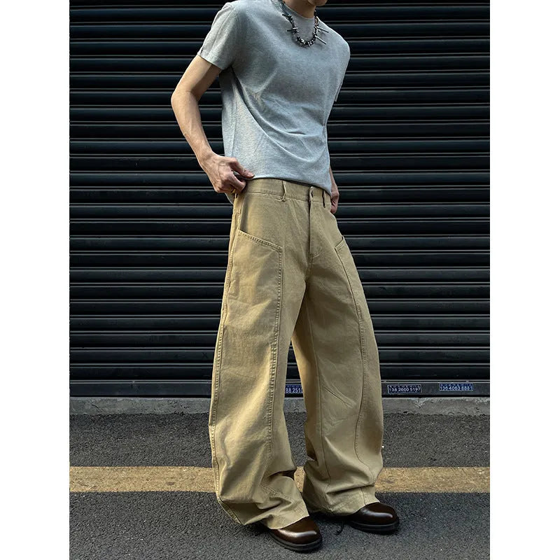 Men's khaki cotton straight leg trousers with American retro styling