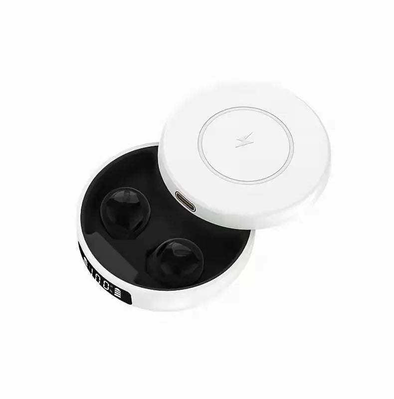 Mini semi-in-ear wireless Bluetooth earphones with wireless charging case in black, white, and colour options
