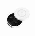 Mini semi-in-ear wireless Bluetooth earphones with wireless charging case in black, white, and colour options