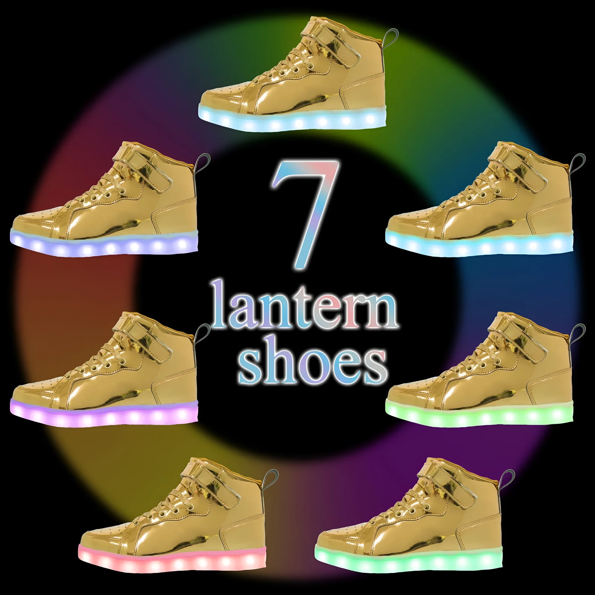 Pair of LED high-top board shoes with lights on, showing Velcro fastening and rubber sole.