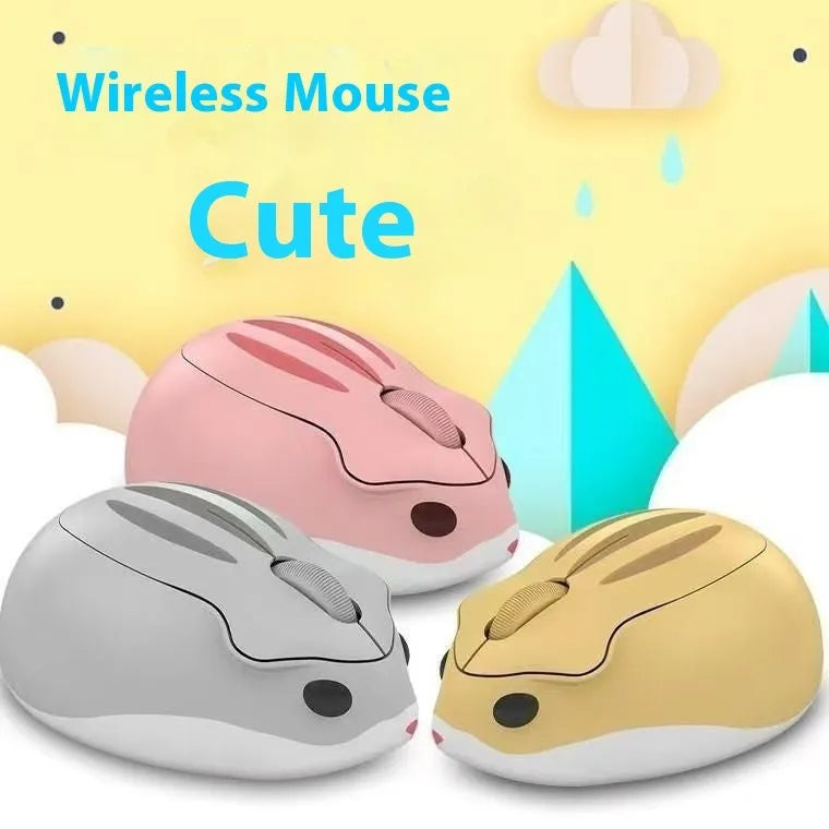 Hamster 109E Bluetooth wireless mute mouse in yellow, pink, and grey colours, showing compact size.