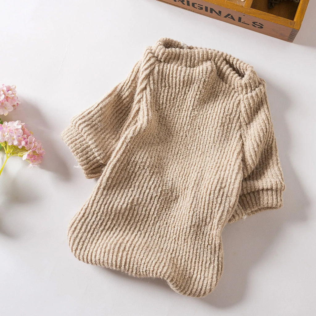 Brown cloth dog sweater pullover on a small white dog, showing casual style.