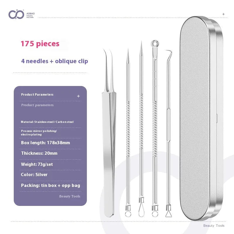 Four silver metal acne needles and a handling clip laid out on a clean surface.