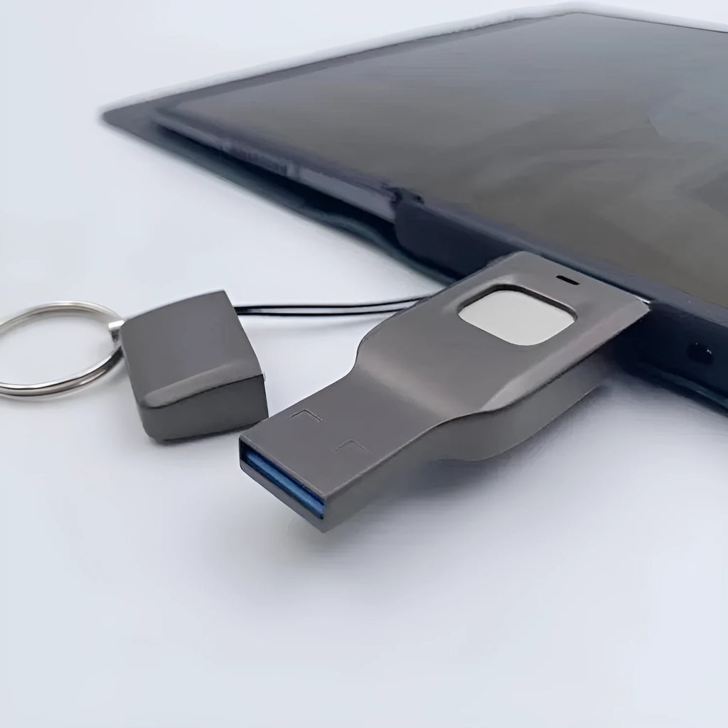 Black metal fingerprint encrypted USB flash drive with USB 3.0 and Type-C connectors.
