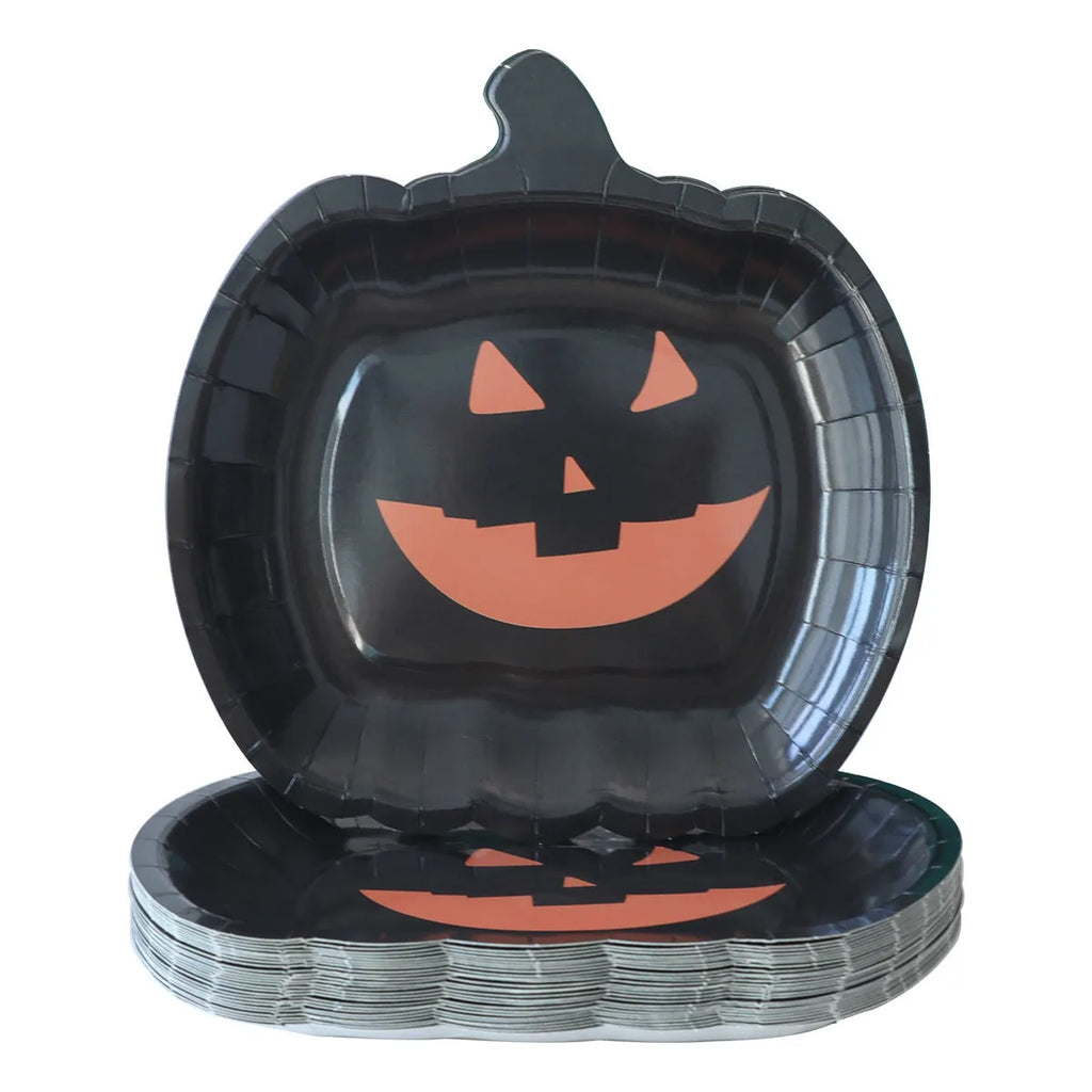 Black Halloween pumpkin design paper plates in 9-inch size showing thickened disposable construction