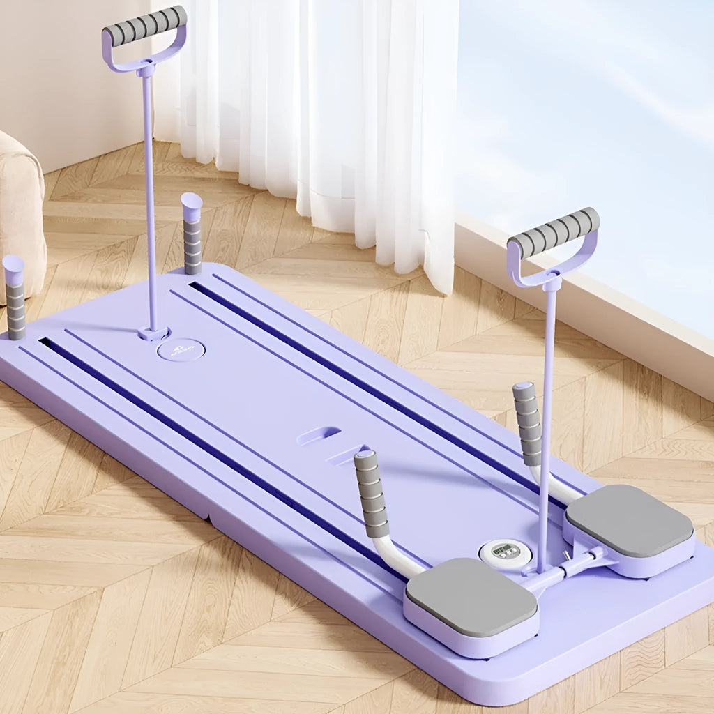 Standard purple PP plastic multi-functional fitness board with abdominal wheel, 106 cm long.