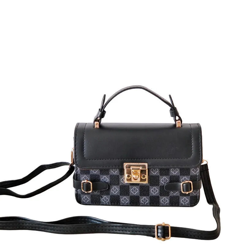 Retro ethnic pattern square crossbody bag in horizontal format with stitching detail and file bag interior