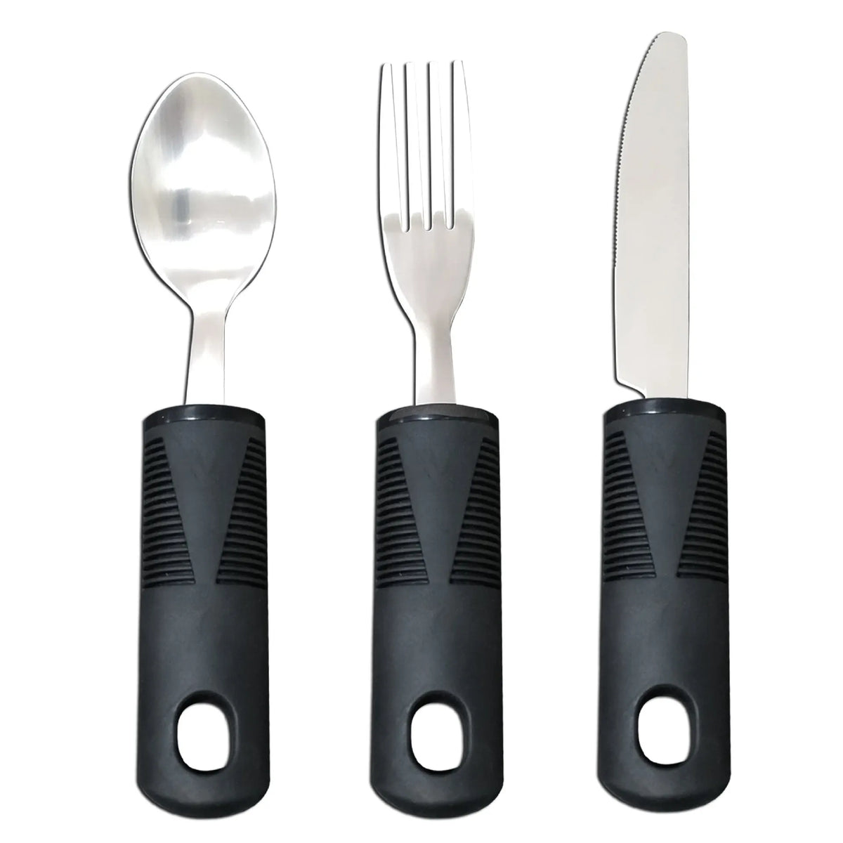 Stainless steel adaptive eating utensils with rubber handles in black and grey colour options