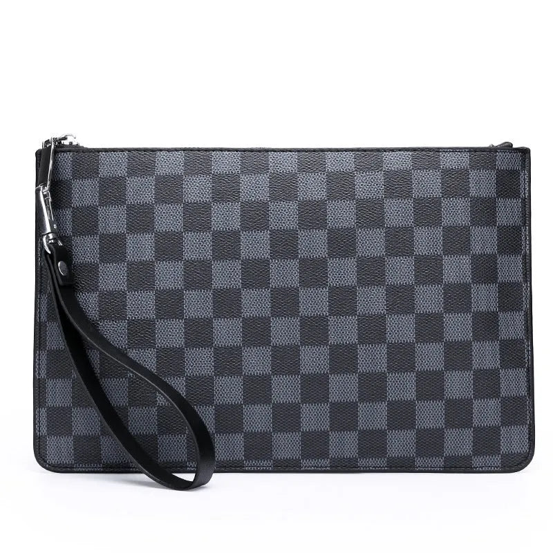 Men's black checkered PU leather clutch wallet showing six card slots and bill compartment