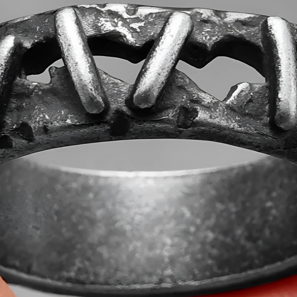 Stainless steel punk stitching style double ring in dark colour showing textured band design