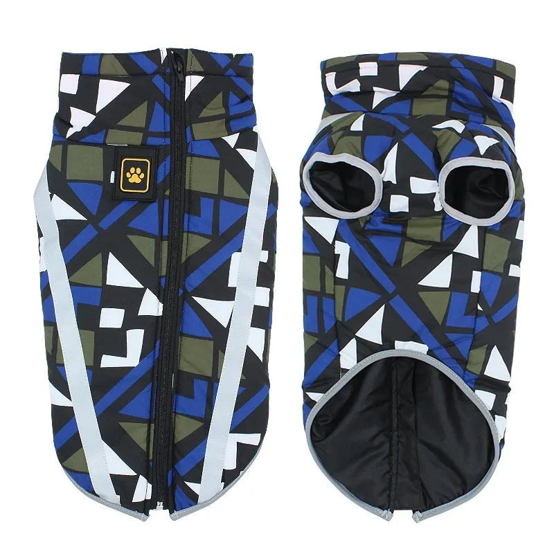Reflective thick-shell polyester dog jacket in geometric blue colour