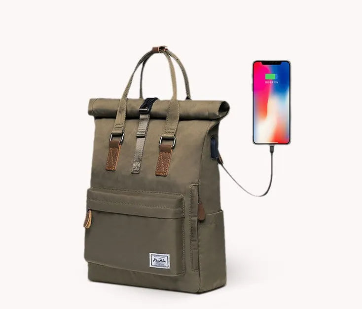 Men's casual backpack in black, dark grey, or green with laptop pocket and zipper compartment