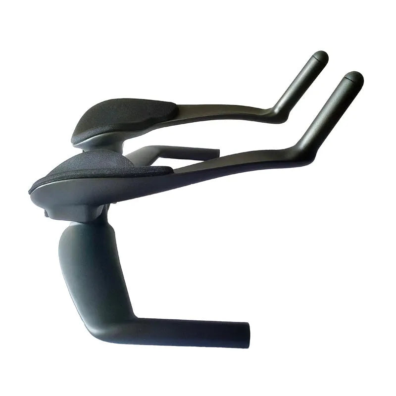 Black carbon fibre time trial bicycle handlebar showing aero extensions and central clamp area.