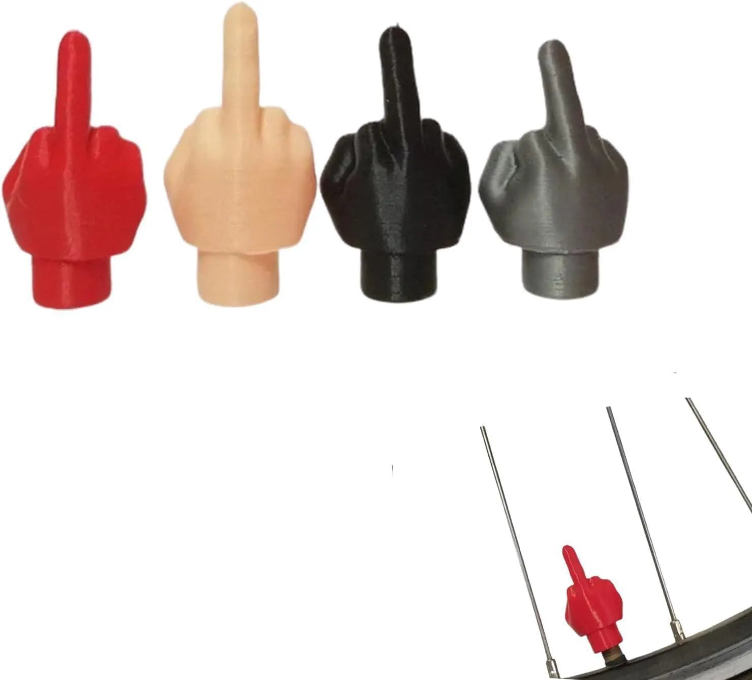Four latex rubber tyre valve dust caps showing two black and two skin colour pieces
