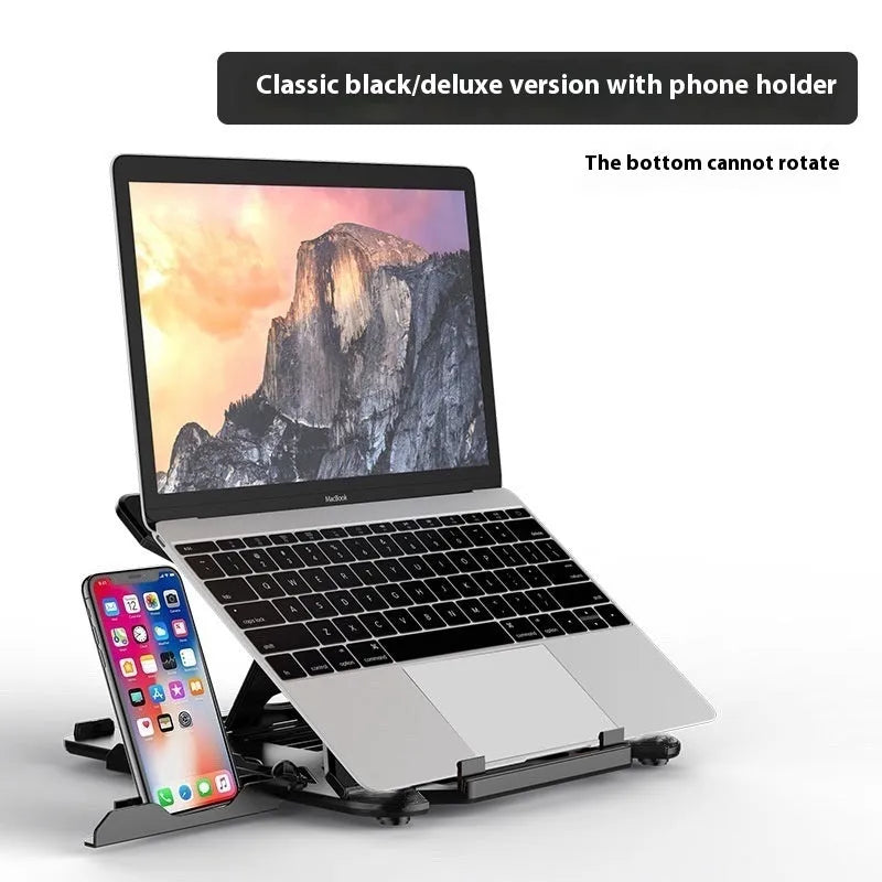 Black ABS plastic laptop stand with a cable management groove, elevating a laptop.