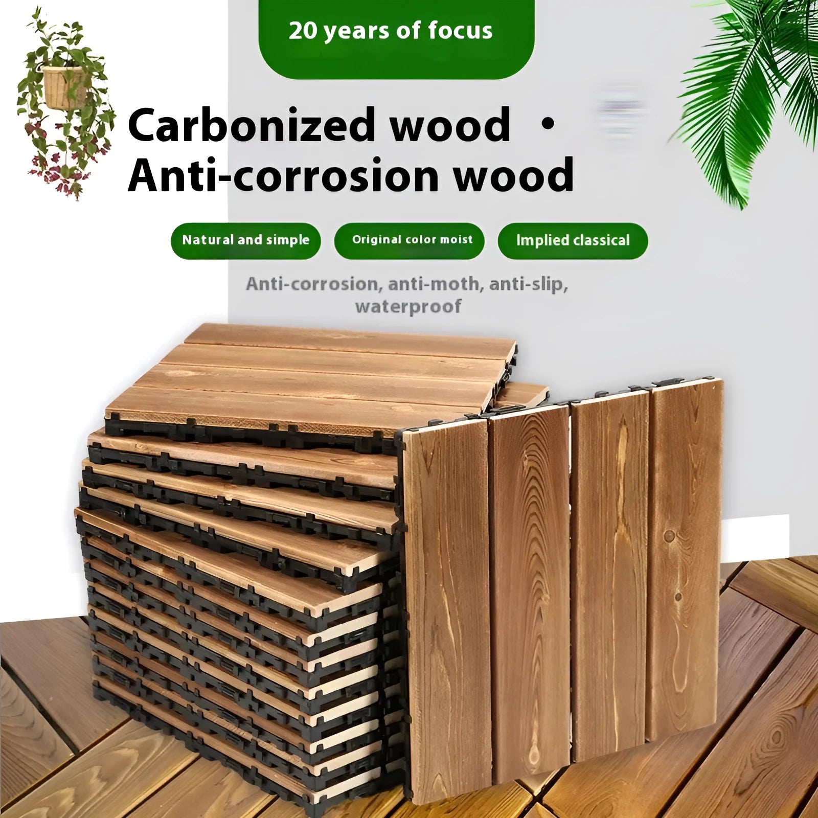 Camphor pine wood flooring tiles with brushed finish in 30x30cm dimensions for indoor and outdoor use