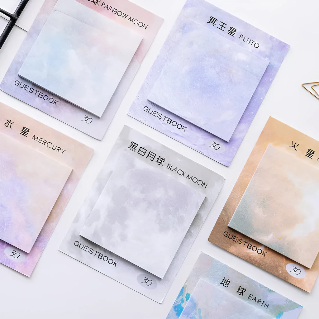 Square planet-themed sticky notes notepad with oil painting designs measuring 7.3cm