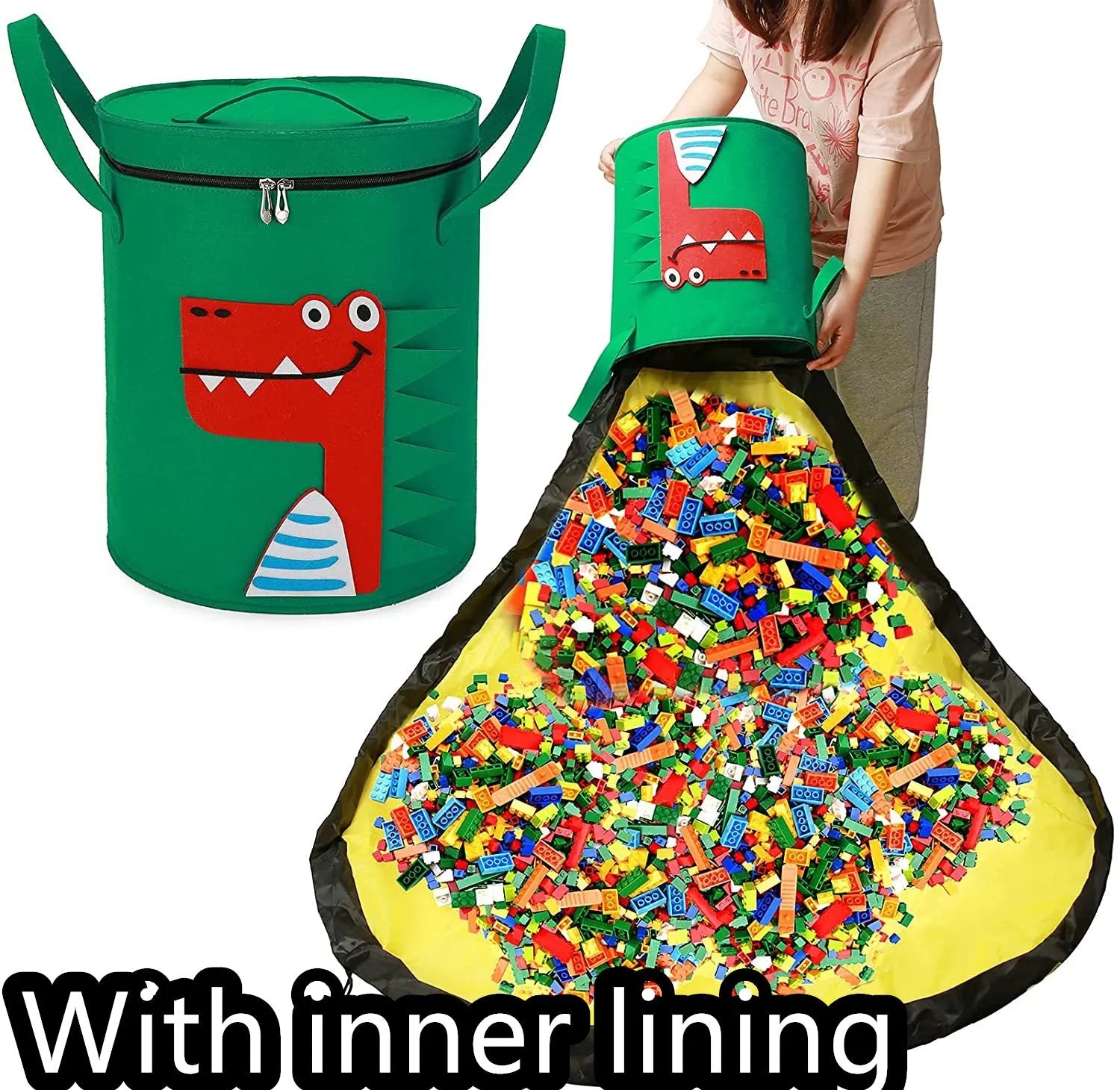 Green felt cube storage bag with pull rope that converts into a flat play mat for toys.