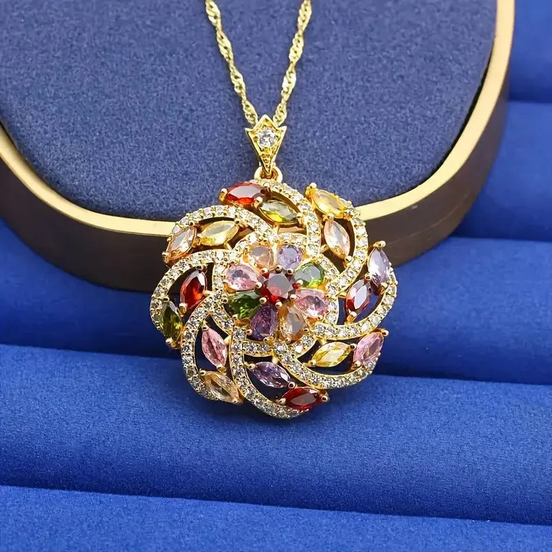 Spiral flower pendant necklace in real gold plated copper with micro inlaid zircon, Blue or Colour option