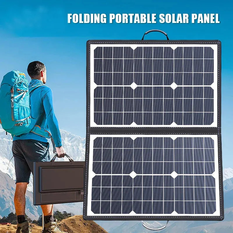 Black folding solar panel bag showing 40W single crystal cells and compact 425mm folded dimensions