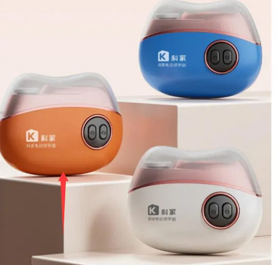 Blue automatic electric nail clipper and polisher with Type-C charging cable and cleaning brush.
