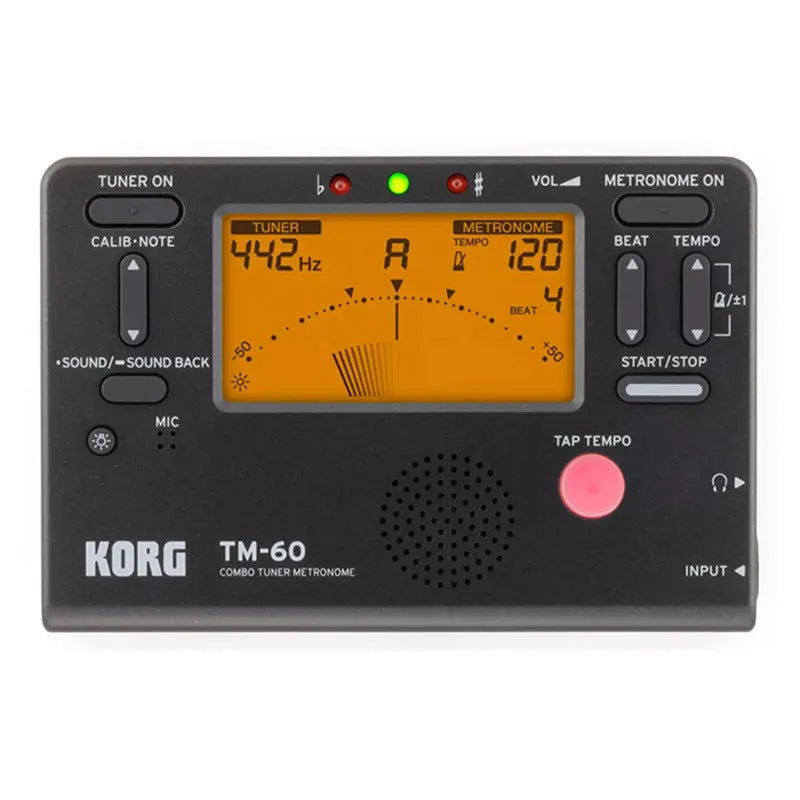 TM-60 digital tuner metronome in black or white plastic shell with display and controls