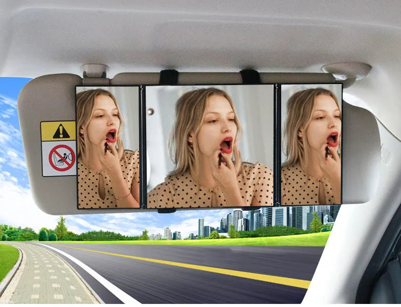 Silver car folding makeup mirror shown open and closed on a car visor