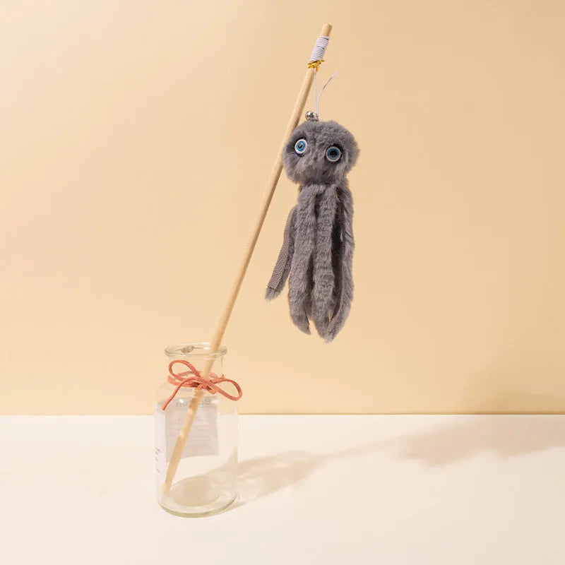 Furry octopus cat toy attached to long stick for interactive indoor play with kittens