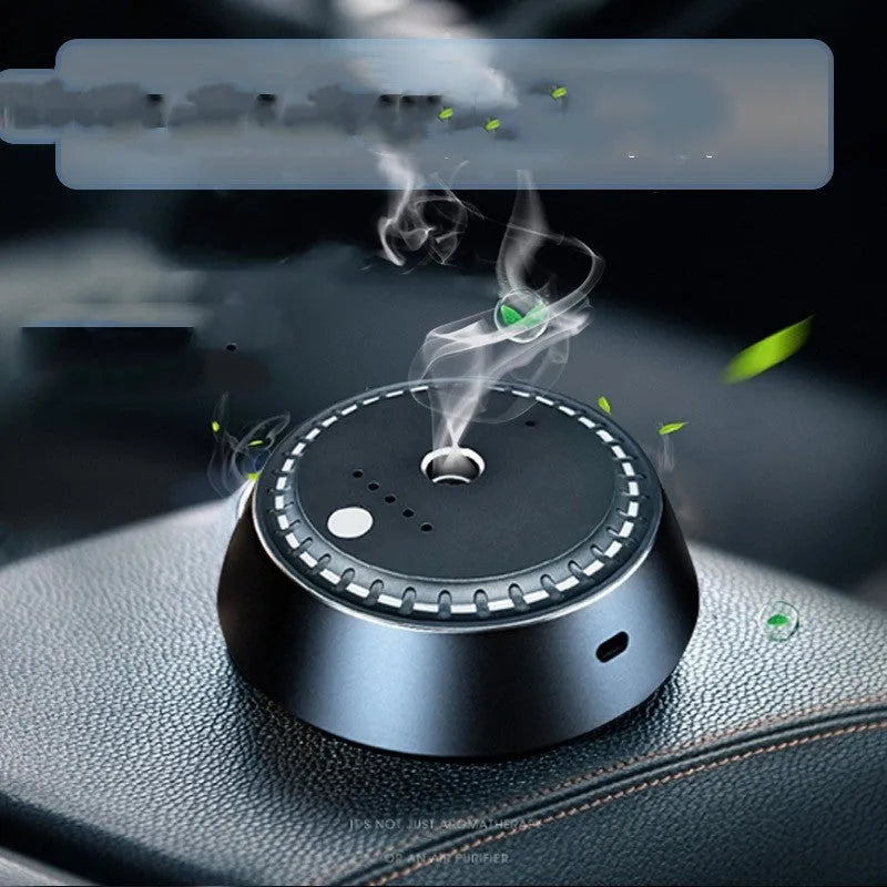 Black metal USB car aroma diffuser with timing function and compact 9x4.5cm dimensions