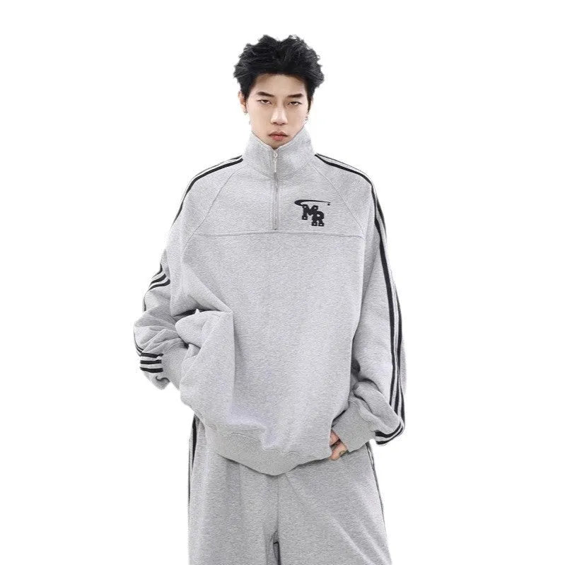 Black Hong Kong style polyester hoodie jacket with high street stand collar design