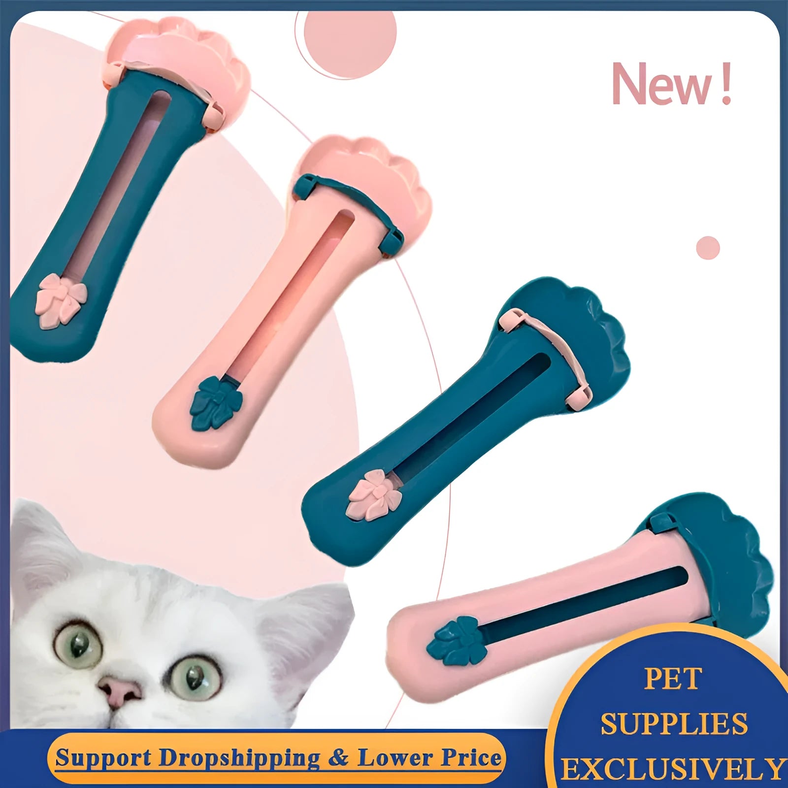 Two-tone pet feed spoon with extrusion scoop and squeezer feeder for liquid food and treats.