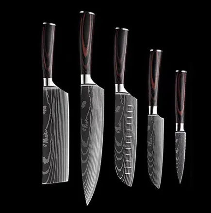 Chef knife with laser Damascus pattern on 7CR17 steel blade and colour steel handle.