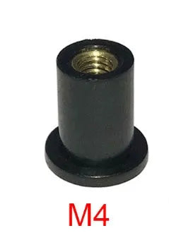 Black rubber expansion nut fasteners with brass inserts for motorcycle modifications in M4, M5, M6 sizes